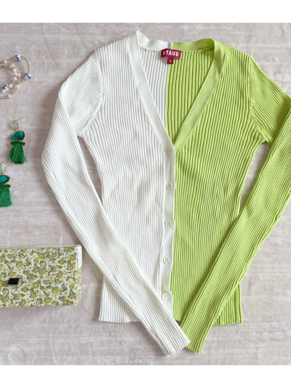 STAUD Two-Tone Ribbed Button-Front Cardigan – White & Lime Green